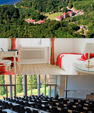 Her ses 2 billeder af Vejlefjord hotels faciliteter, samt et luftfoto af det hele